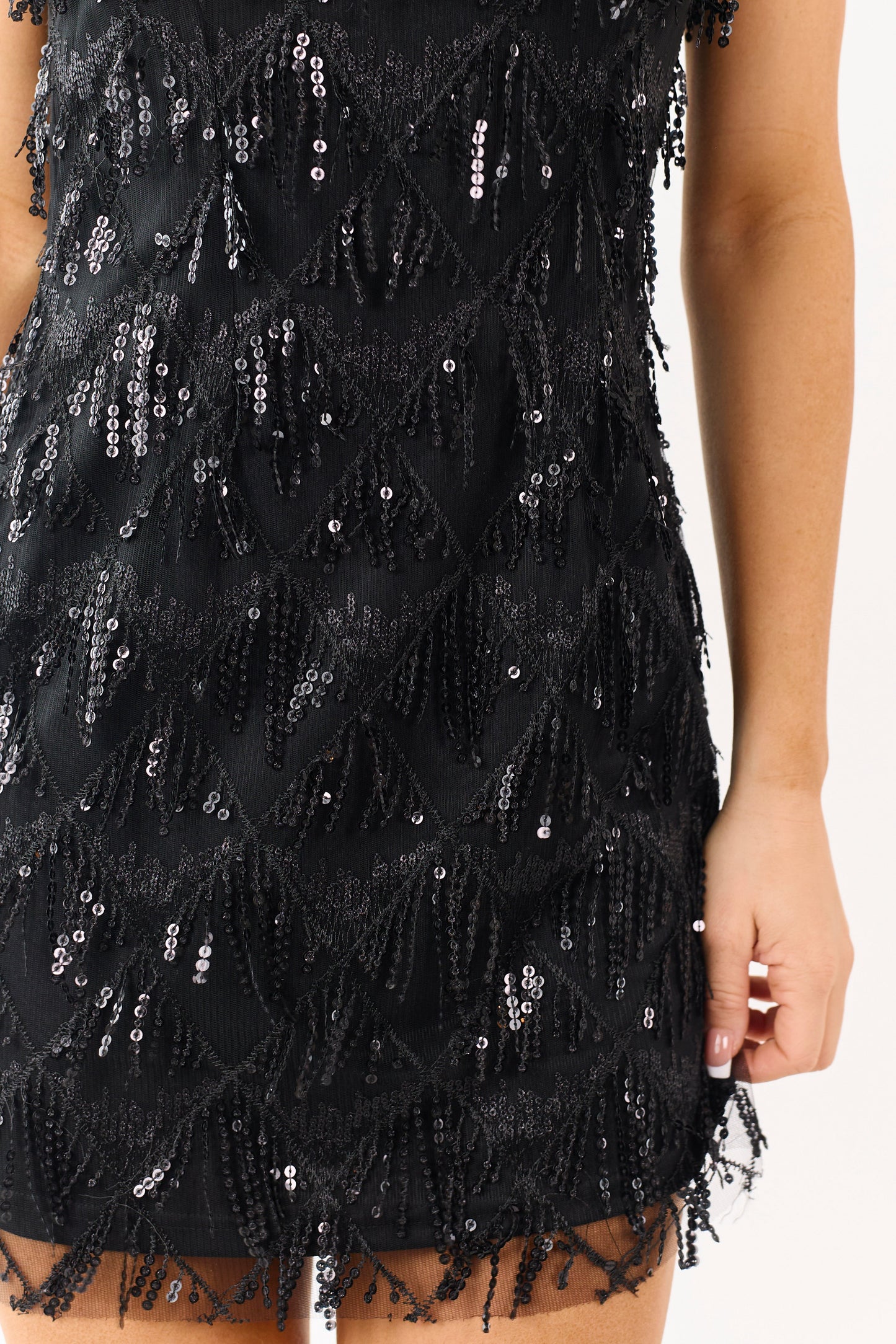 Black Sequin Fringe Mesh Sleeveless Mini Dress
