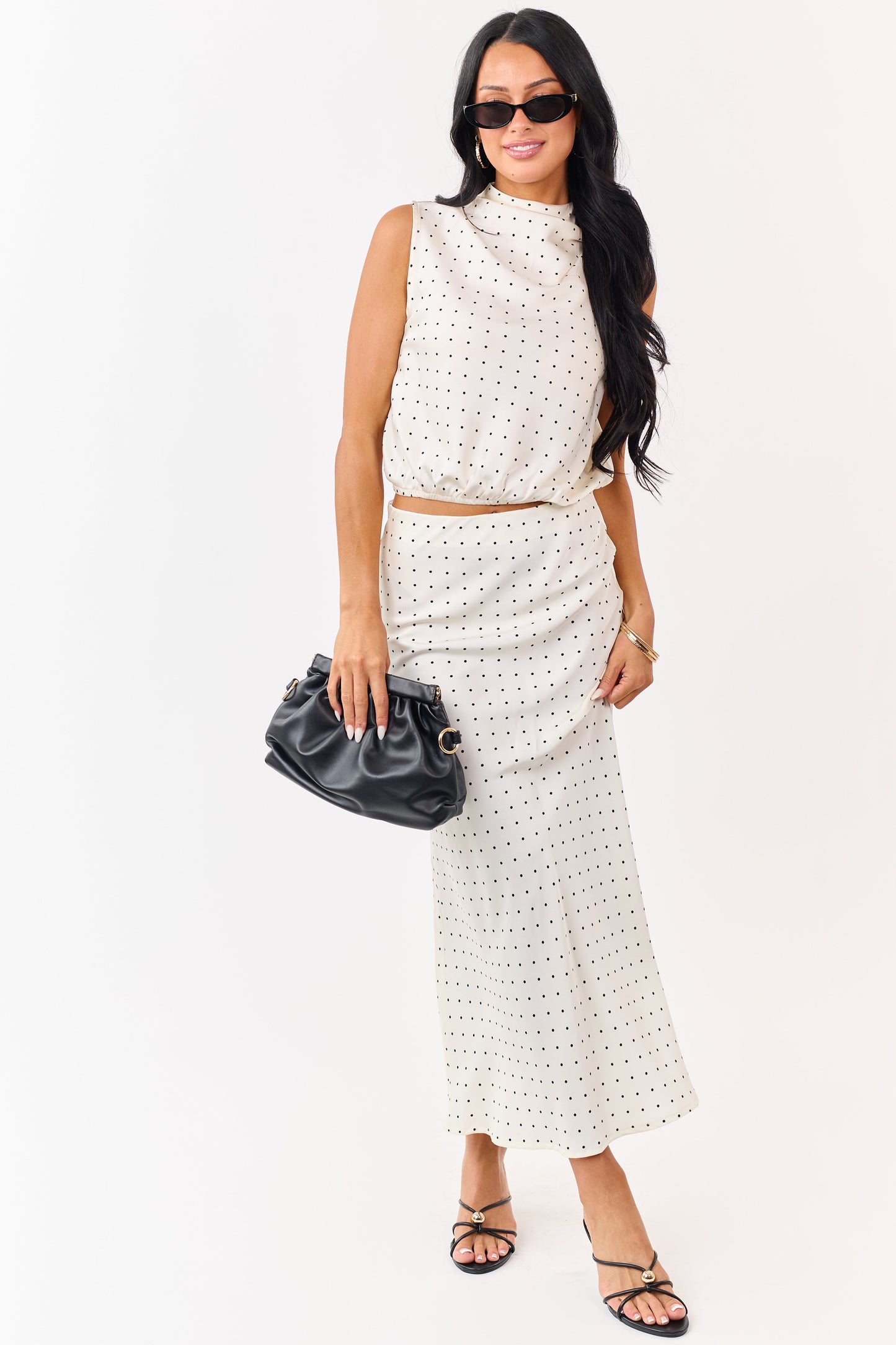 Cream Satin Polka Dot Elastic Waistband Midi Skirt