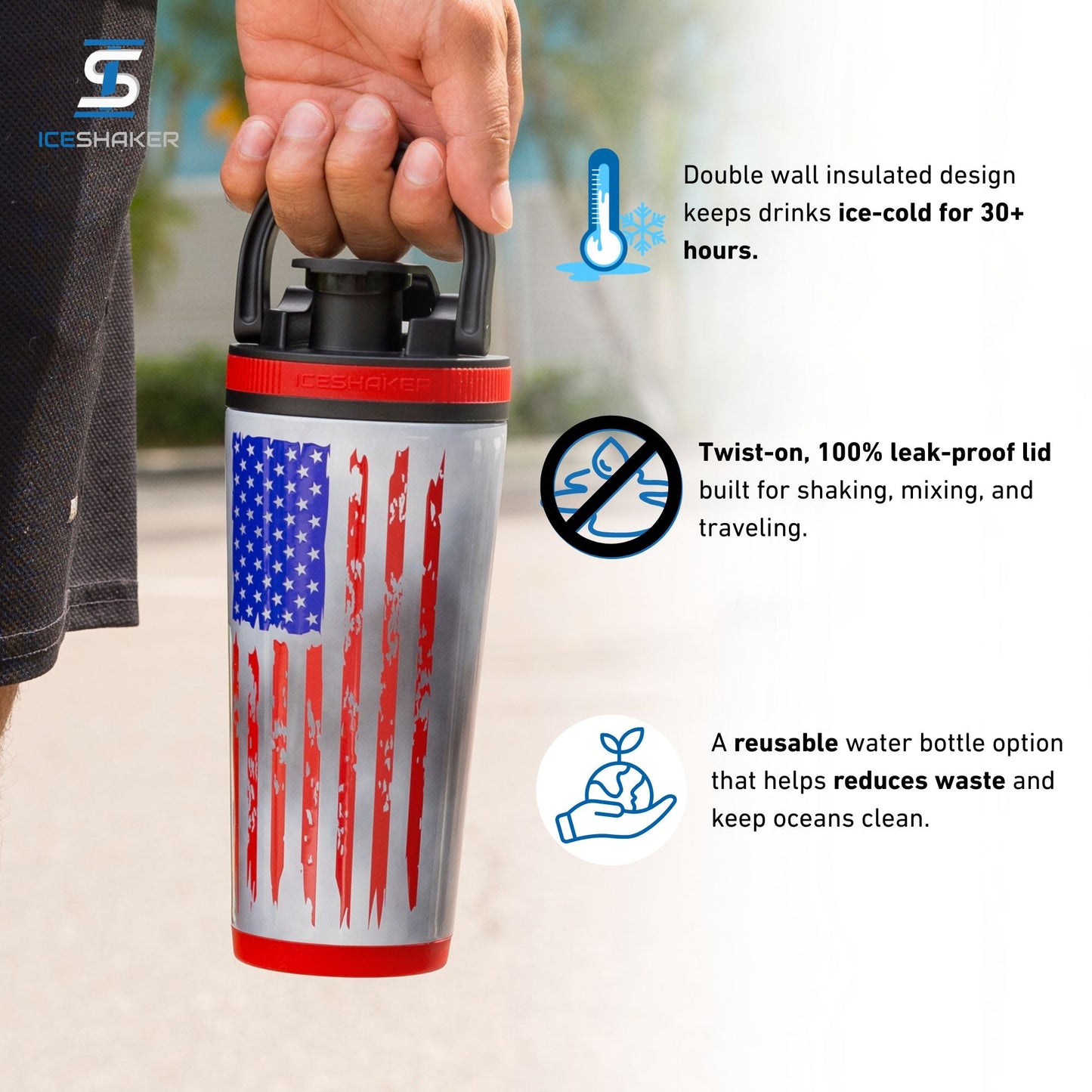 Ice Shaker Allegiance Series 26oz Shaker Bottle - American Flag