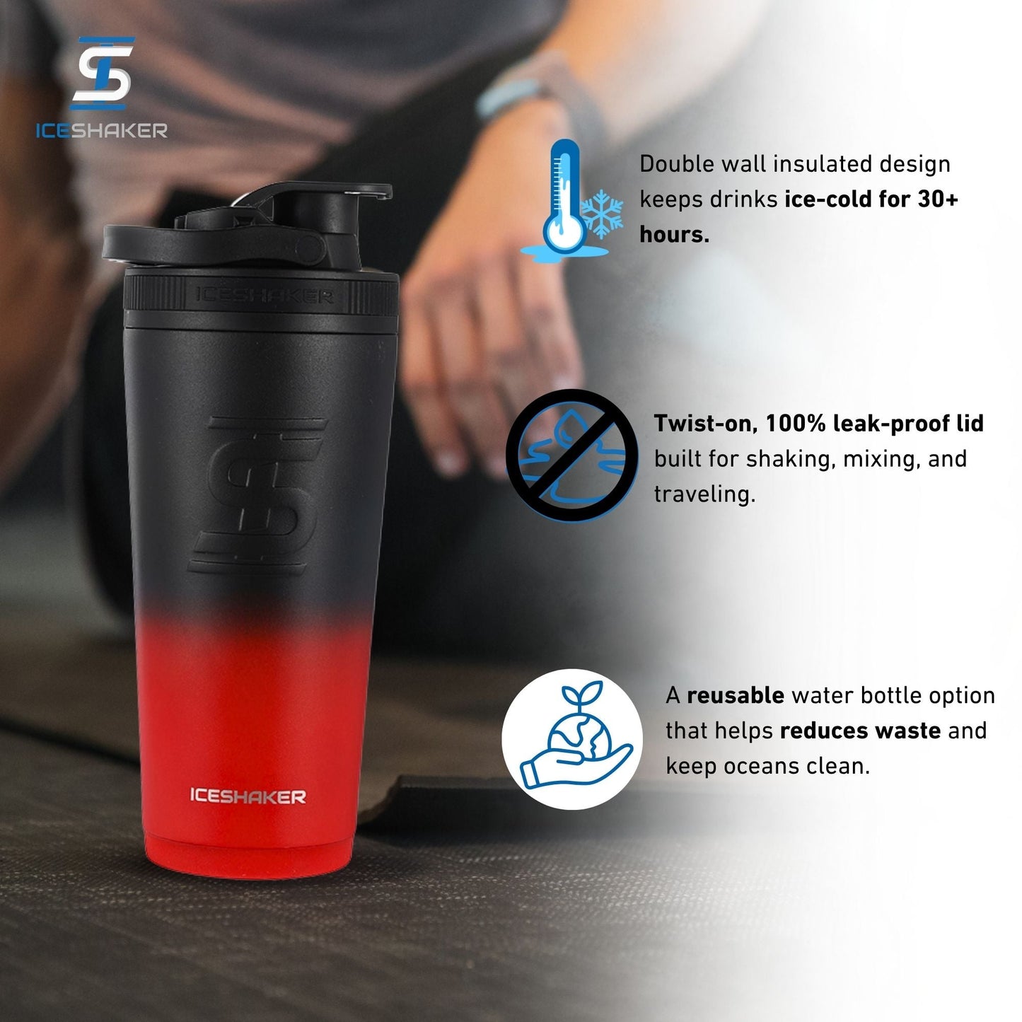 Ice Shaker Ombre Series 26oz Shaker Bottle - Red Black Ombre