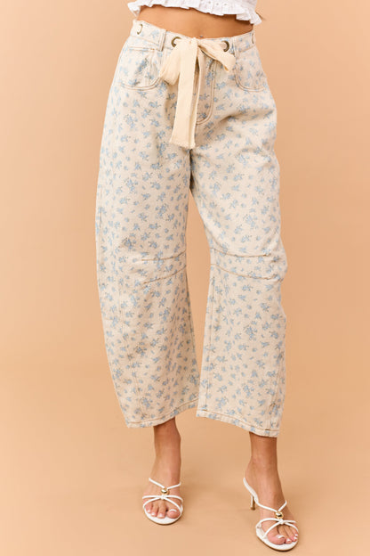 Almond Floral Print Waist Tie Barrel Jeans