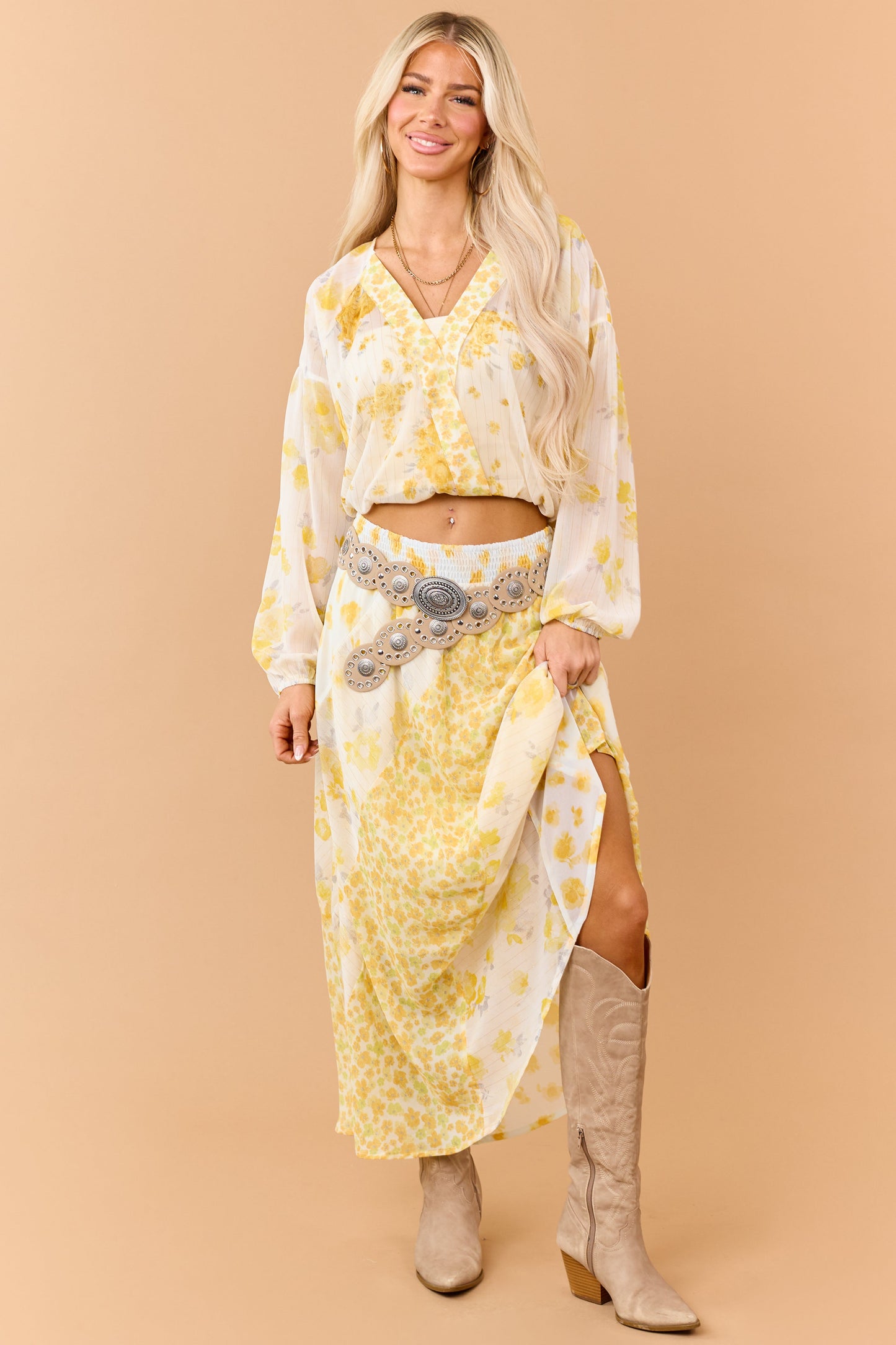 Amber Mixed Floral Print Surplice Long Sleeve Top