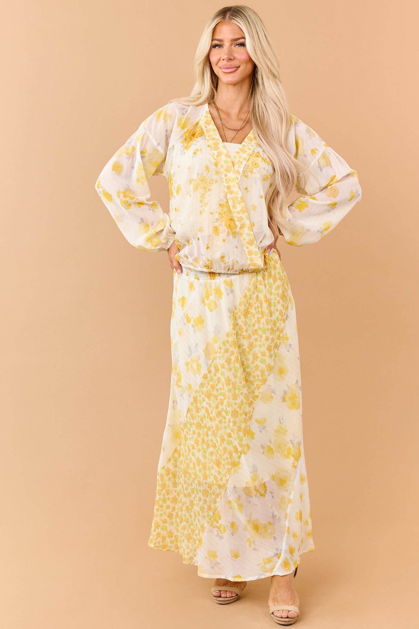 Amber Mixed Floral Print Surplice Long Sleeve Top