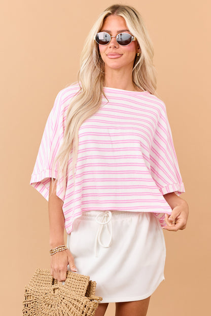 Baby Pink Striped Terry Cloth Half Sleeve Top