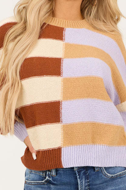 Beige Colorful Stripe Long Sleeve Sweater