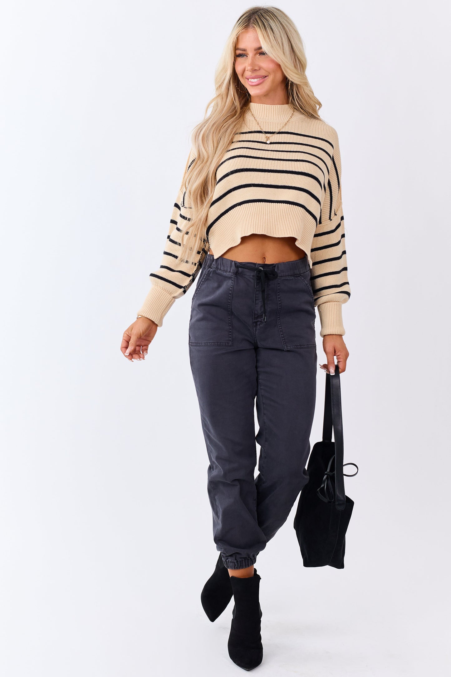 Beige and Black Striped Cropped Ribbed Knit Sweater