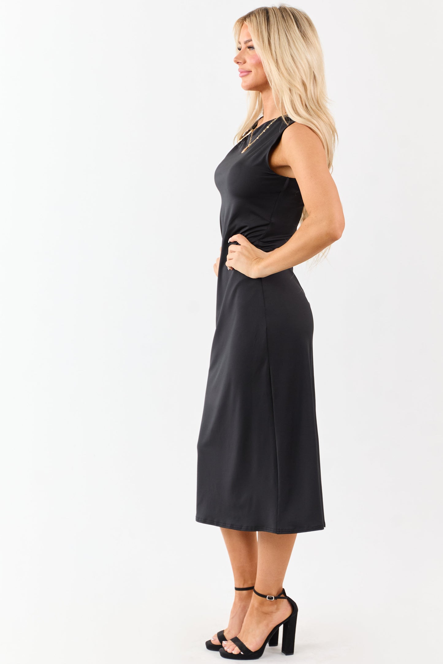 Black Asymmetrical Gold Ring Neck Midi Dress