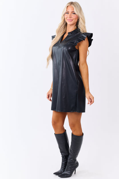 Black Faux Leather Ruffle Sleeve Mini Shift Dress