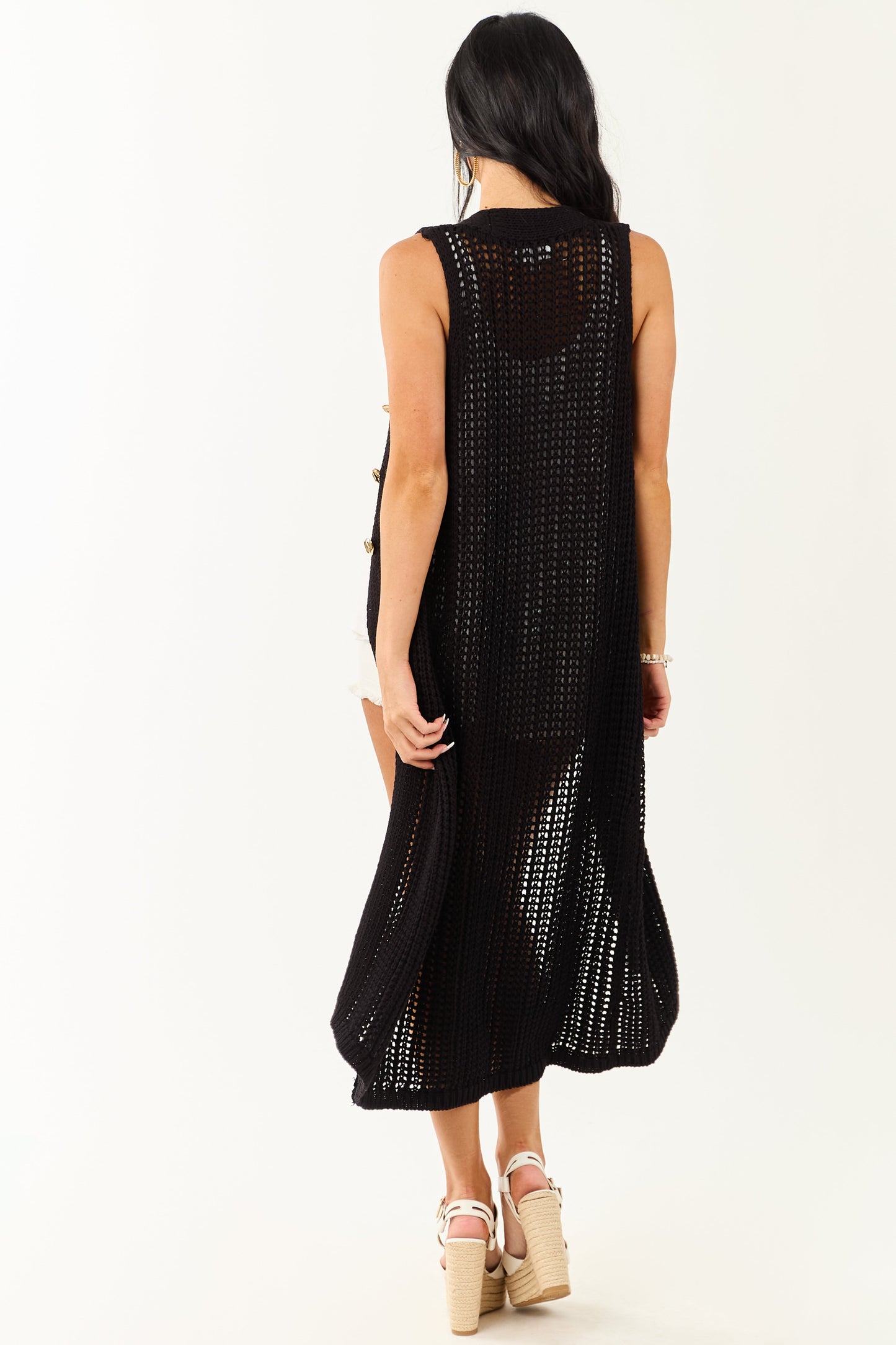 Black Open Knit Gold Buttoned Cotton Duster Vest