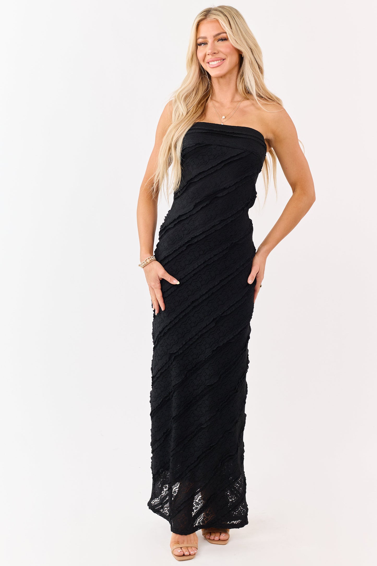 Black Strapless Tiered Ruffle Lace Maxi Dress