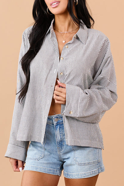 Black Striped Button Down Long Sleeve Top