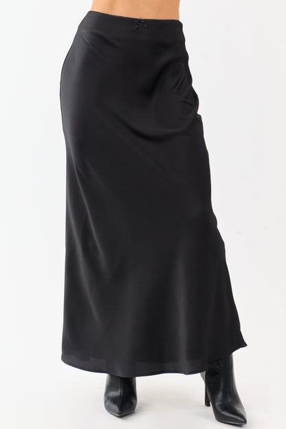 Black Textured Satin Bow Detail Maxi Skirt