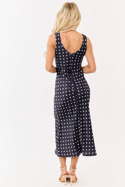 Black and Off White Polka Dot Satin Midi Dress