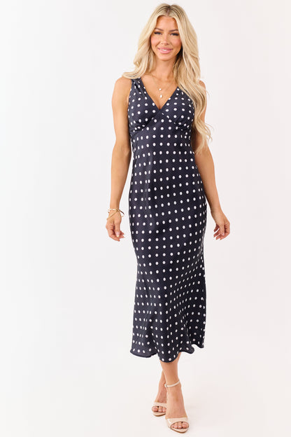 Black and Off White Polka Dot Satin Midi Dress