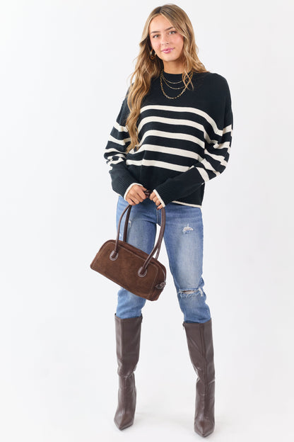 Black and White Striped Ribbed Trim Knit Sweater
