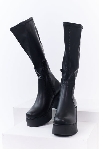 Black Block Heel Faux Leather Platform Boots