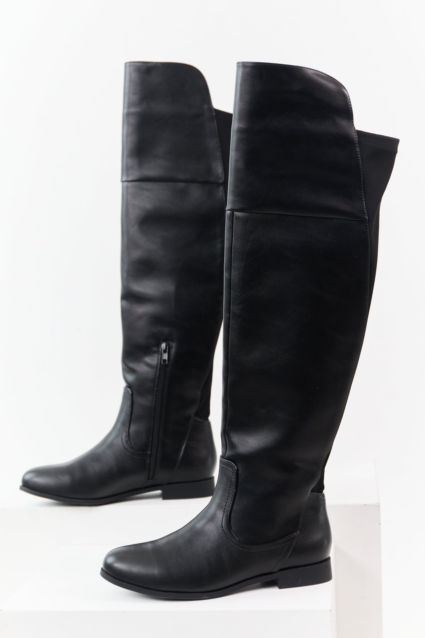 Black Faux Leather Over the Knee Round Toe Boots