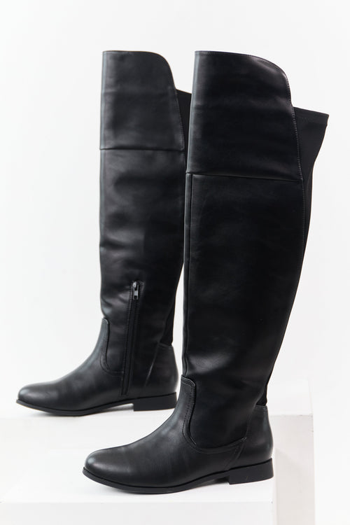 Black Faux Leather Over the Knee Round Toe Boots