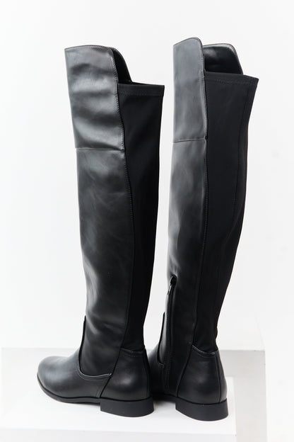 Black Faux Leather Over the Knee Round Toe Boots