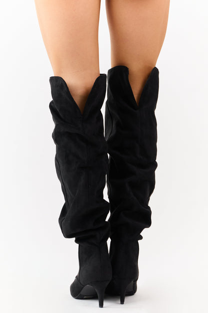 Black Faux Suede Low Stiletto Heel Slouchy Boots