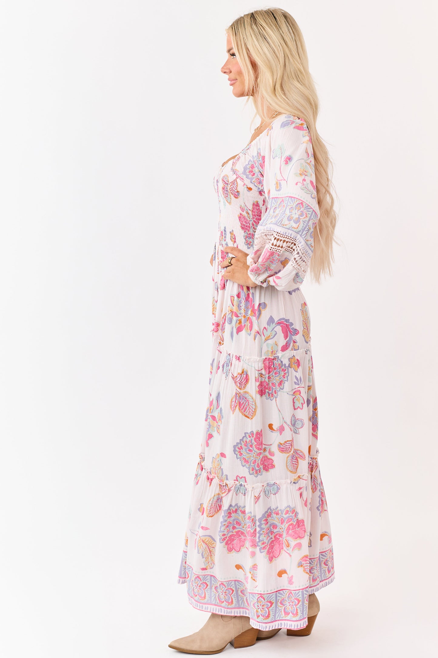 Blush Floral Print Long Sleeve Tiered Maxi Dress