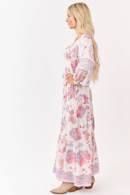 Blush Floral Print Long Sleeve Tiered Maxi Dress