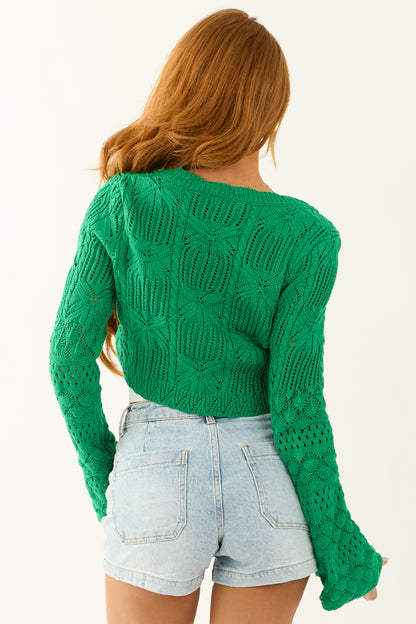 Bright Jade Scalloped Trim Crochet Knit Cardigan