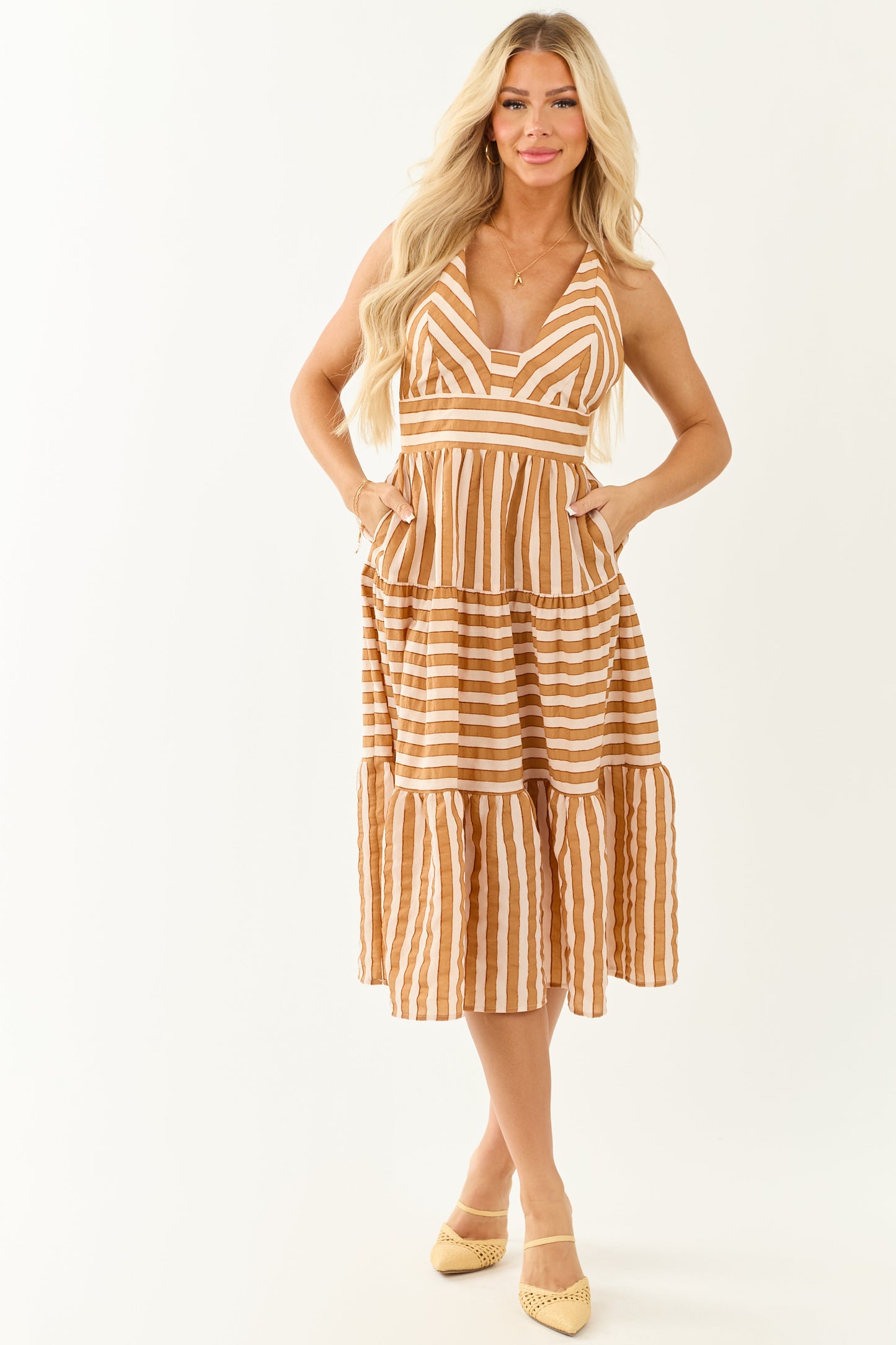 Brown Sugar Striped Sleeveless Midi Dress