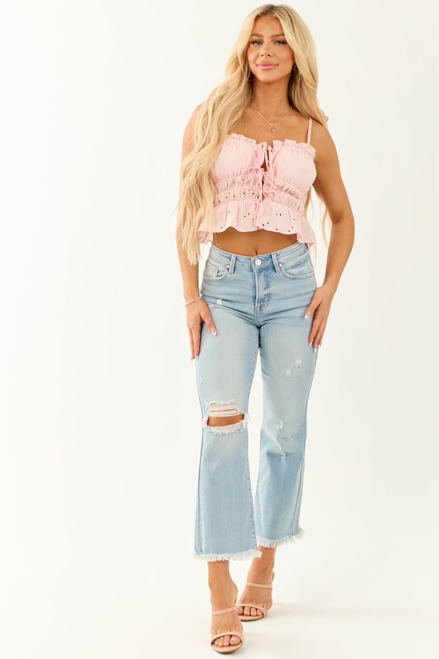 Cherry Blossom Eyelet Lace Ruffle Trim Tank Top