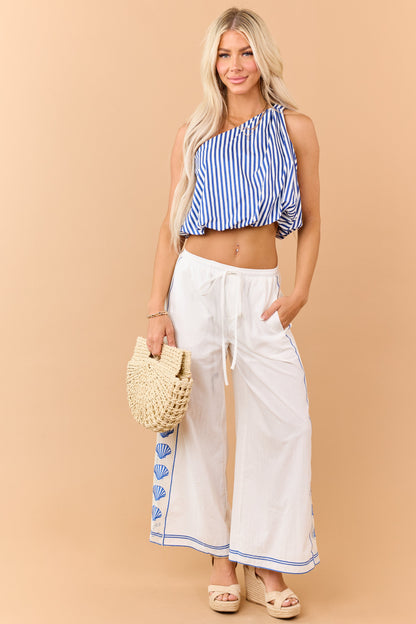 Cobalt and Off White Striped One Shoulder Cotton Top