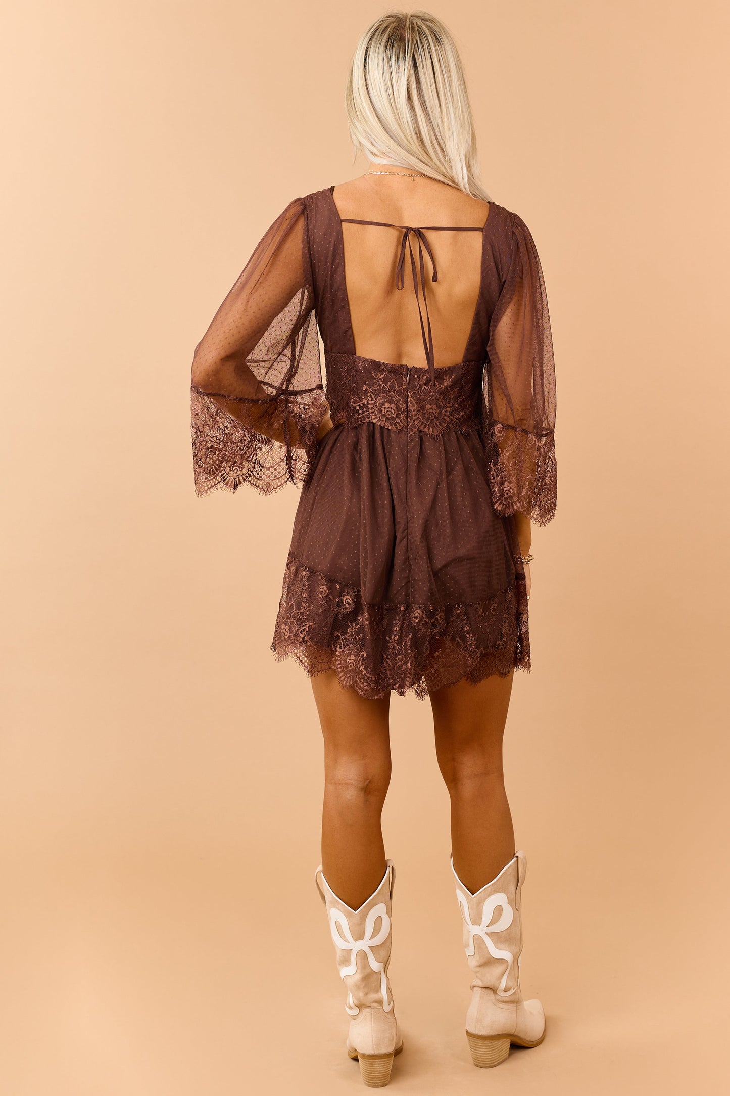 Cocoa Dotted Mesh Lace Trim Deep V Mini Dress