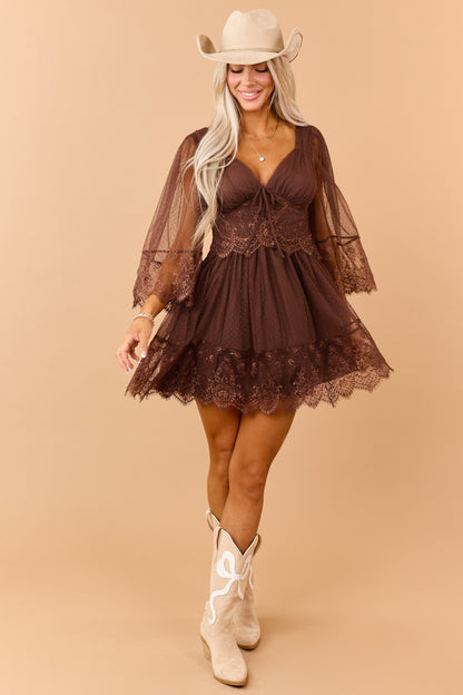 Cocoa Dotted Mesh Lace Trim Deep V Mini Dress