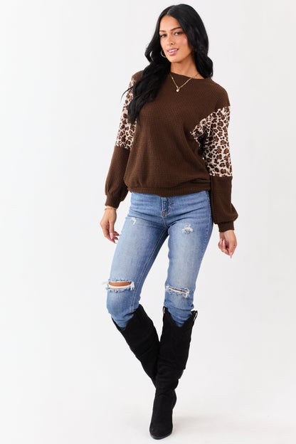 Cocoa Waffle Knit Contrast Leopard Print Sweater