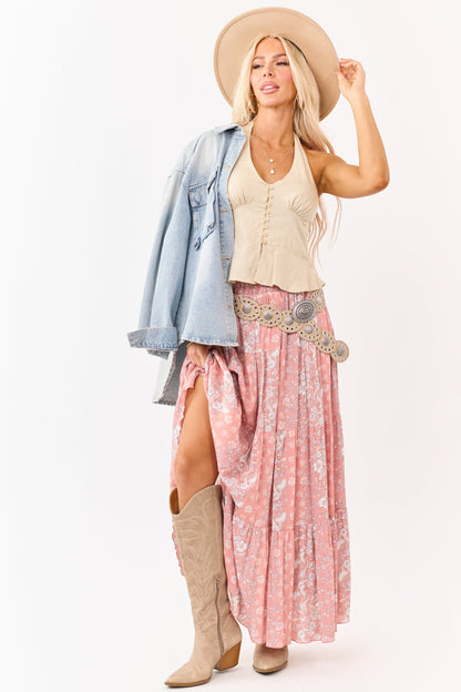 Coral Floral Print Elastic Waist Tiered Maxi Skirt