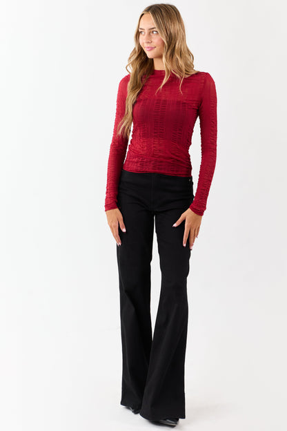 Cranberry Sheer Mesh Textured Long Sleeve Top