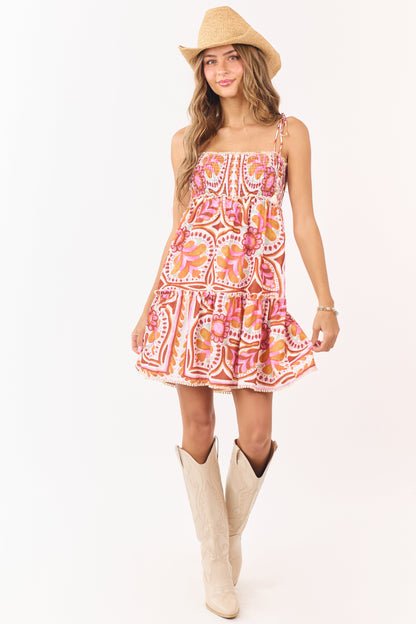 Cream Abstract Floral Babydoll Lace Trim Mini Dress