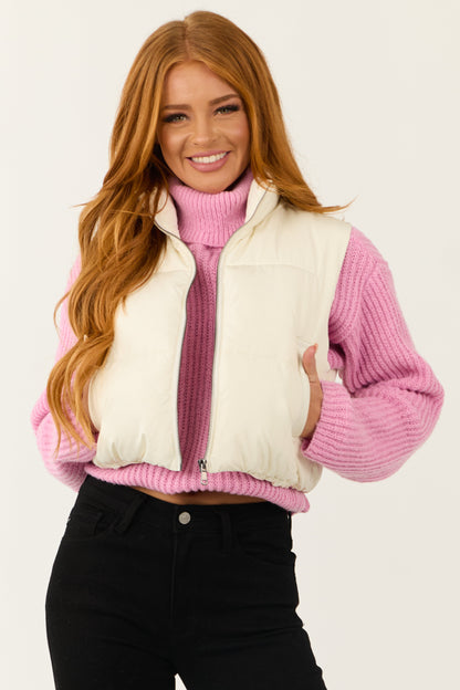 Cream Cropped Zip Up Padded Puffer Vest with Tie