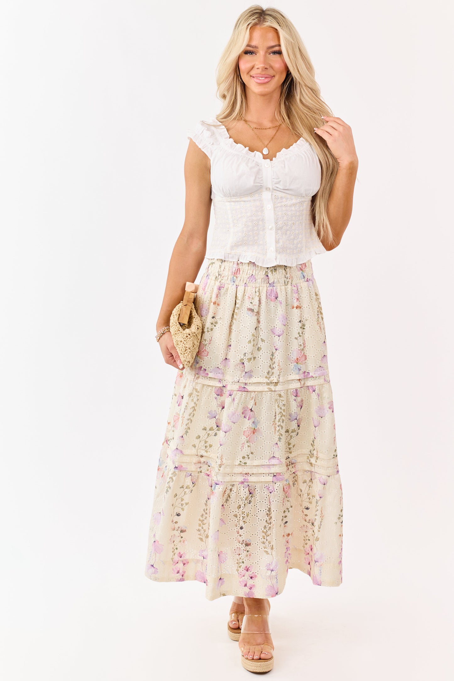 Cream Floral Print Eyelet Tiered Midi Skirt