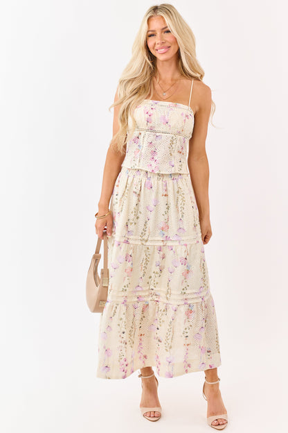 Cream Floral Print Eyelet Tiered Midi Skirt