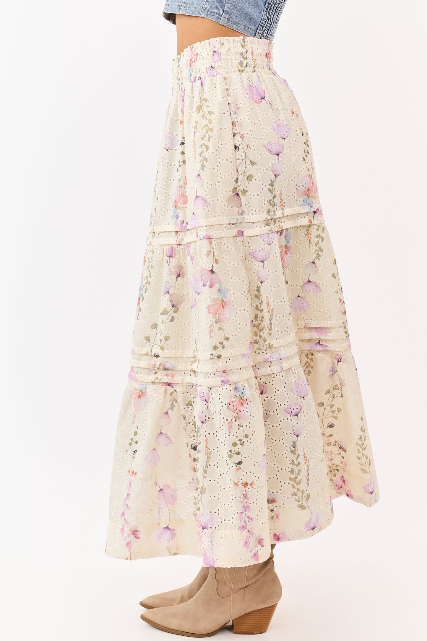 Cream Floral Print Eyelet Tiered Midi Skirt