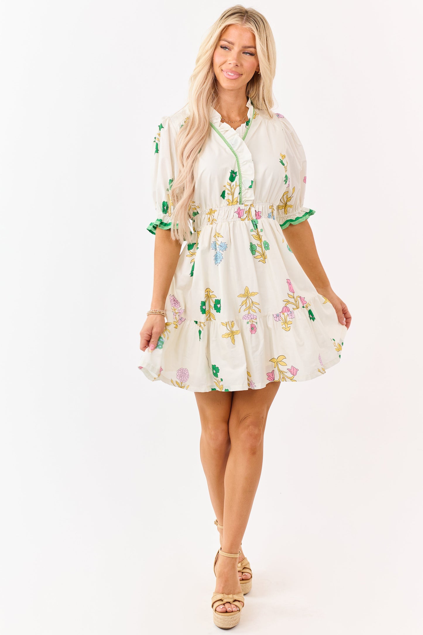 Cream Floral Print Puff Sleeve Cotton Mini Dress