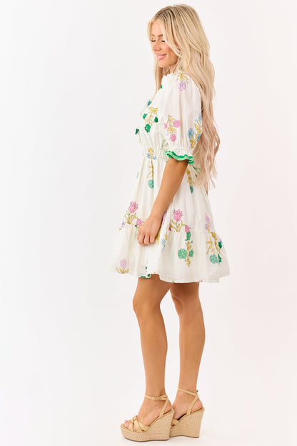 Cream Floral Print Puff Sleeve Cotton Mini Dress