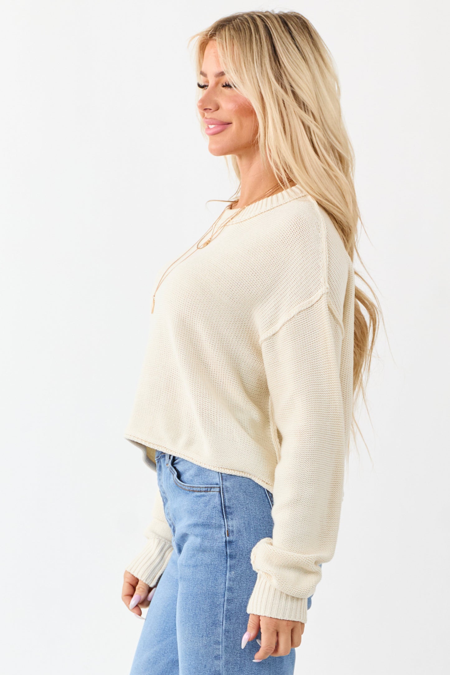Cream Long Sleeve Relaxed Knit Sweater