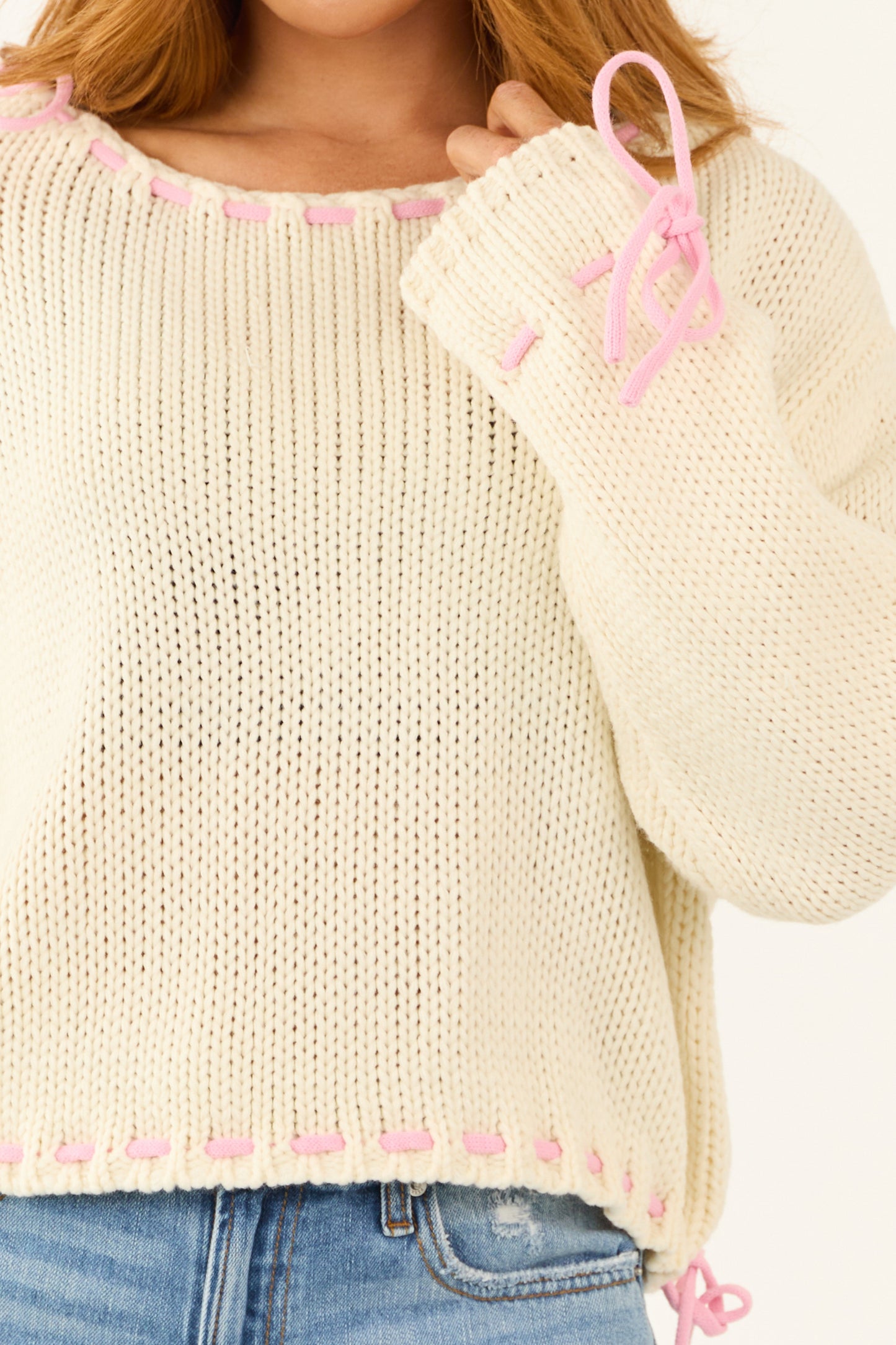 Cream Long Sleeve Tie Cinched Detail Sweater