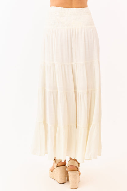Cream Smocked Waist Tiered Flowy Maxi Skirt