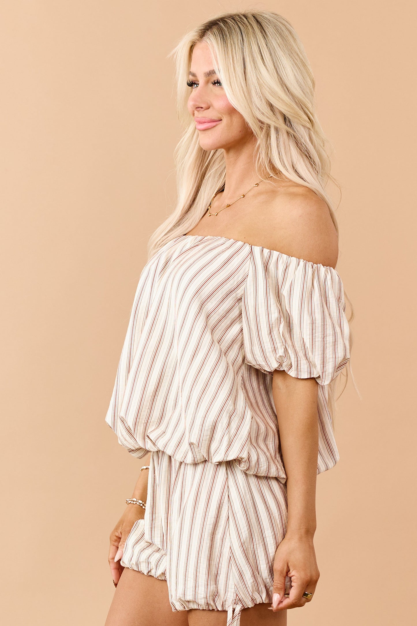 Cream Striped Bubble Hem Off Shoulder Top