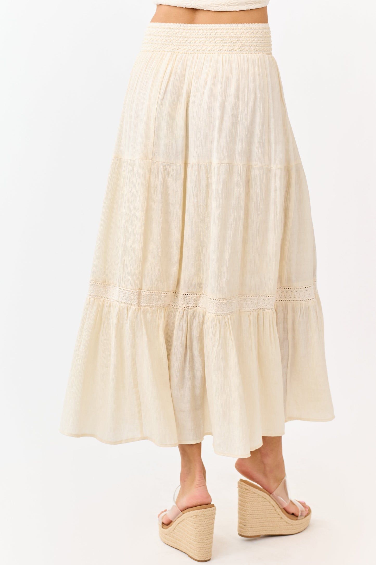Cream Tiered Smocked Waistband Midi Skirt