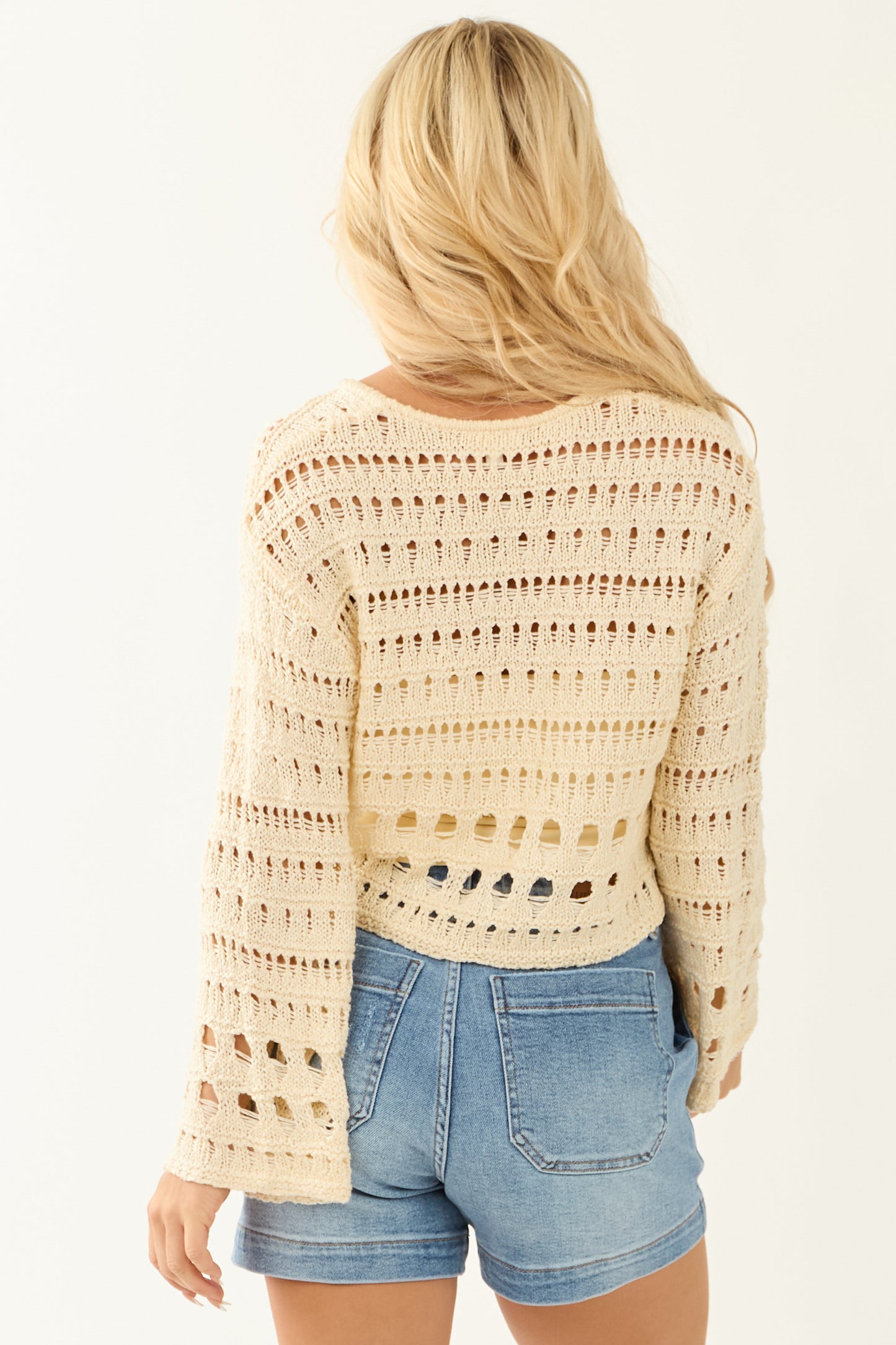 Cream V Neck Flare Sleeve Cropped Sweater