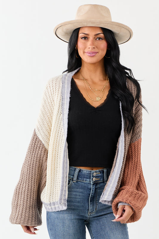 Cream and Coffee Colorblock Puff Sleeve Cardigan
